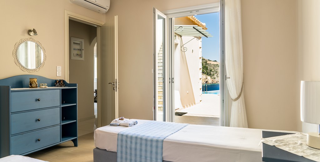 Second bedroom with views and 2 single beds inside Villa Plori, Assos, Kefalonia