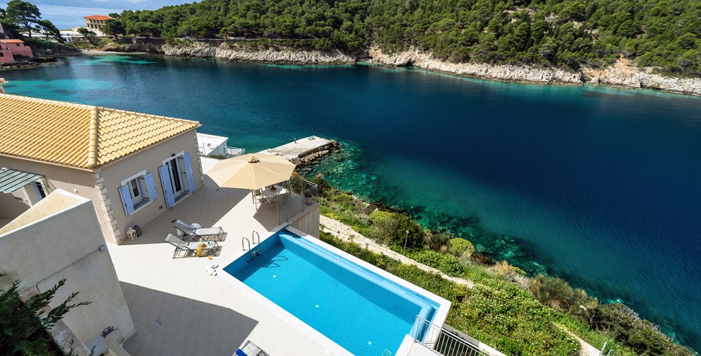 Aerial shot showing the outside area, pool and sea at Villa Plori, Assos, Kefalonia
