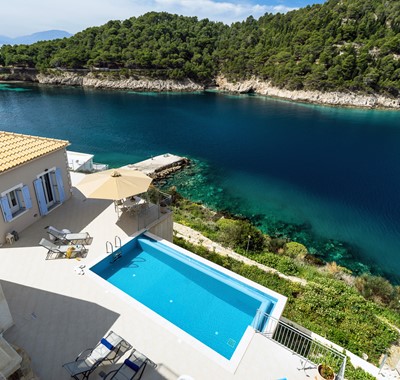 Aerial shot showing the outside area, pool and sea at Villa Plori, Assos, Kefalonia