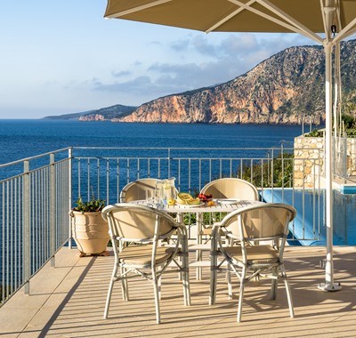 Lunchtime dining with a spectacular view at Villa Plori, Assos, Kefalonia