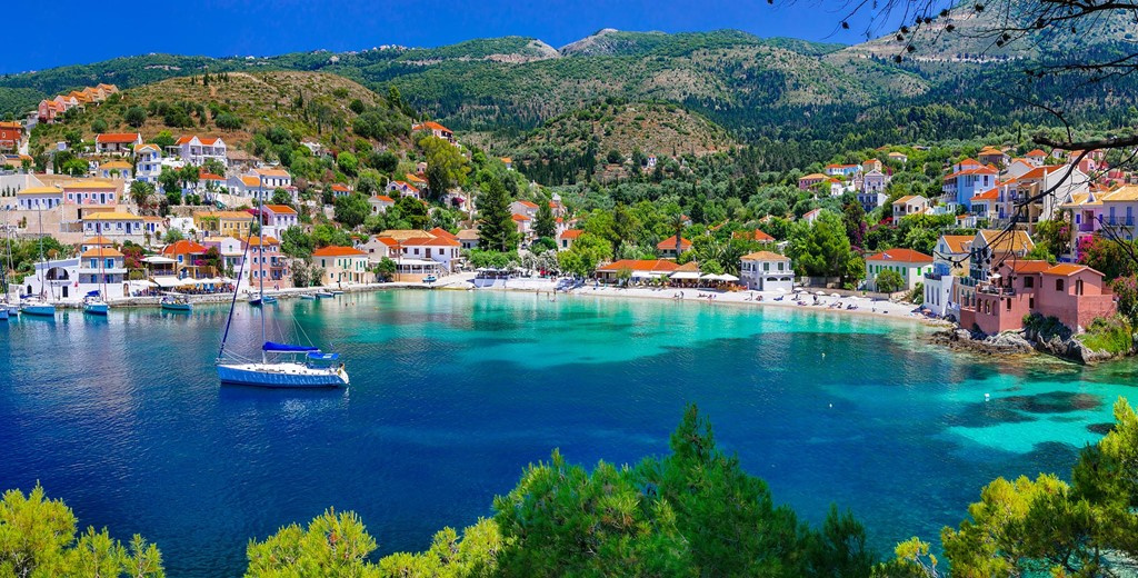 Looking down across the water into the village of Assos, Kefalonia, Greek Islands