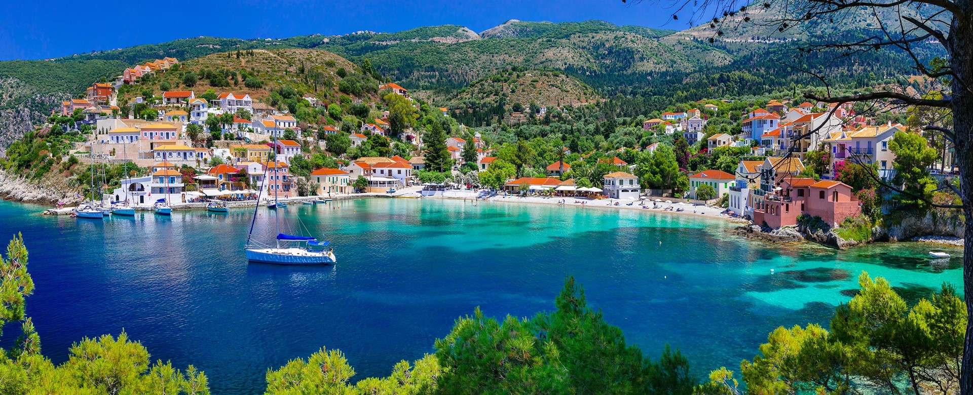 Looking down across the water into the village of Assos, Kefalonia, Greek Islands