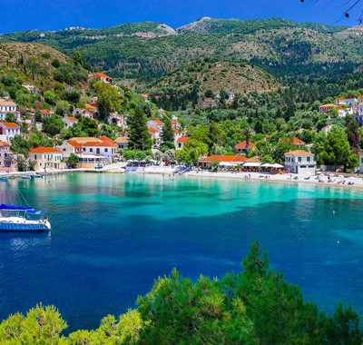 Looking down across the water into the village of Assos, Kefalonia, Greek Islands