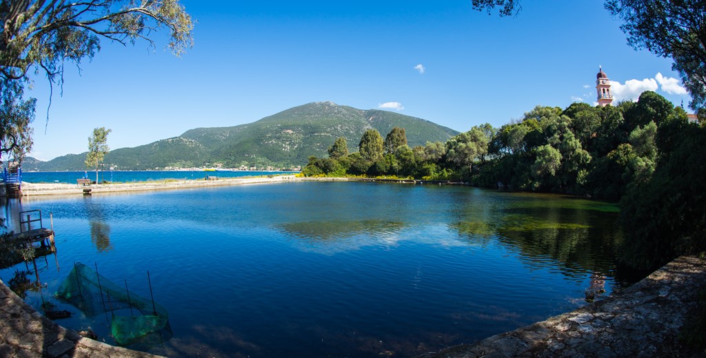 Karavomilos lake, beach and views of hills, Kefalonia, Greek Islands