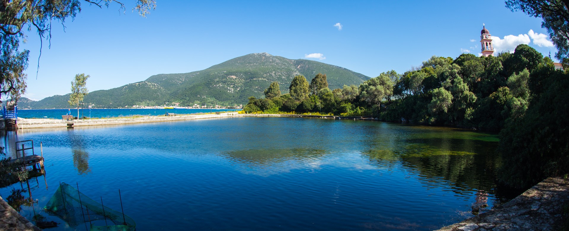 Karavomilos lake, beach and views of hills, Kefalonia, Greek Islands