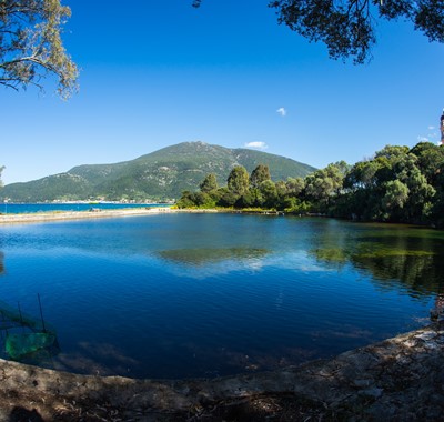 Karavomilos lake, beach and views of hills, Kefalonia, Greek Islands