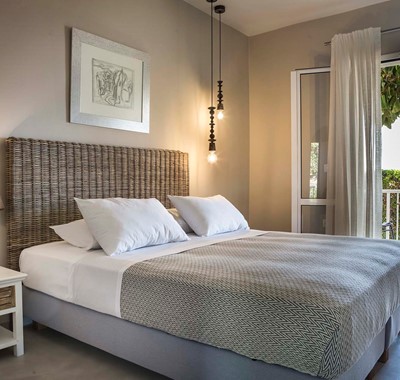 Bedroom with double bed inside Beachfront Suite No1, Lourdata, Kefalonia