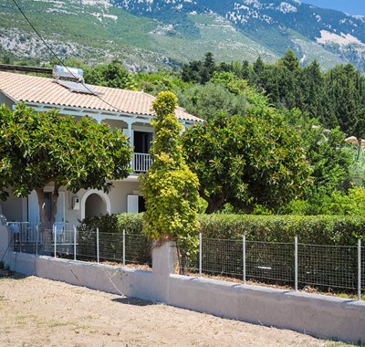 Lush green gardens and planting with the mountains as a backdrop at Beachfront Suites, Lourdata, Kefalonia