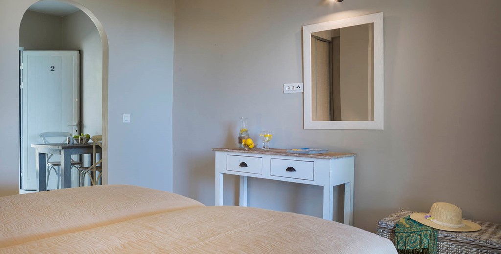 Bedroom and living space in Beachfront Suite No2, Lourdata, Kefalonia