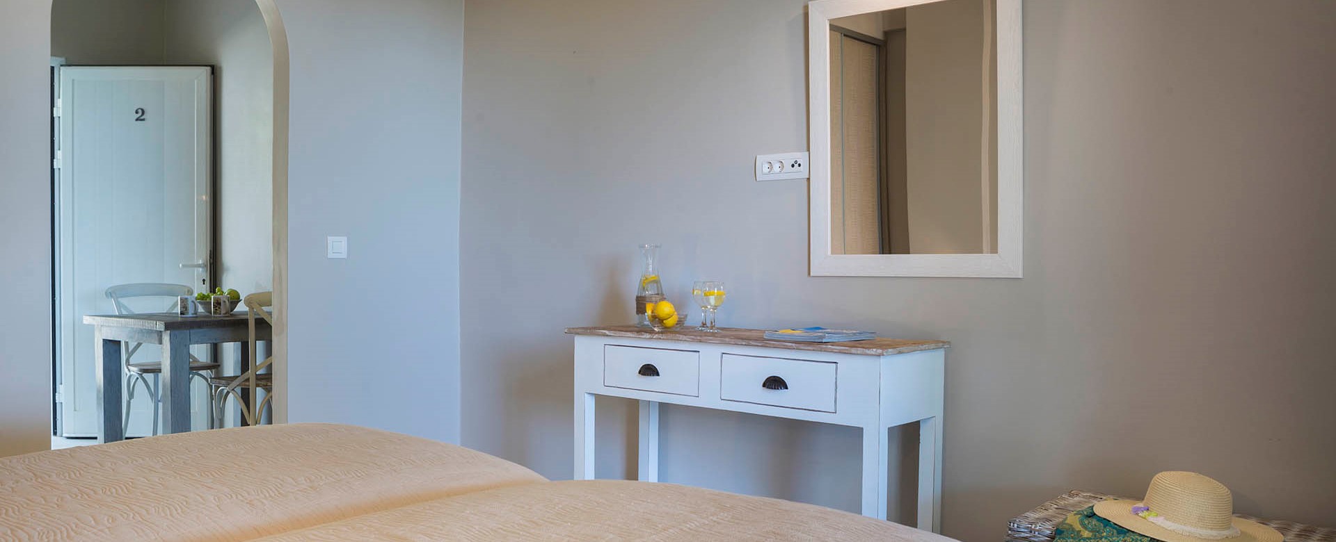 Bedroom and living space in Beachfront Suite No2, Lourdata, Kefalonia