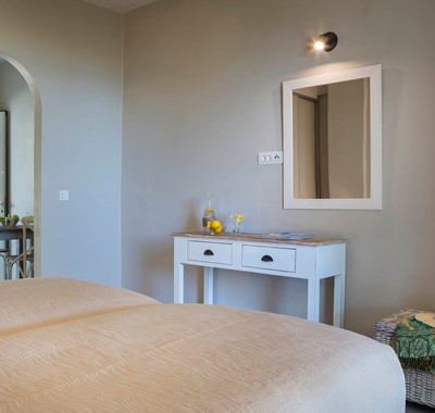 Bedroom and living space in Beachfront Suite No2, Lourdata, Kefalonia