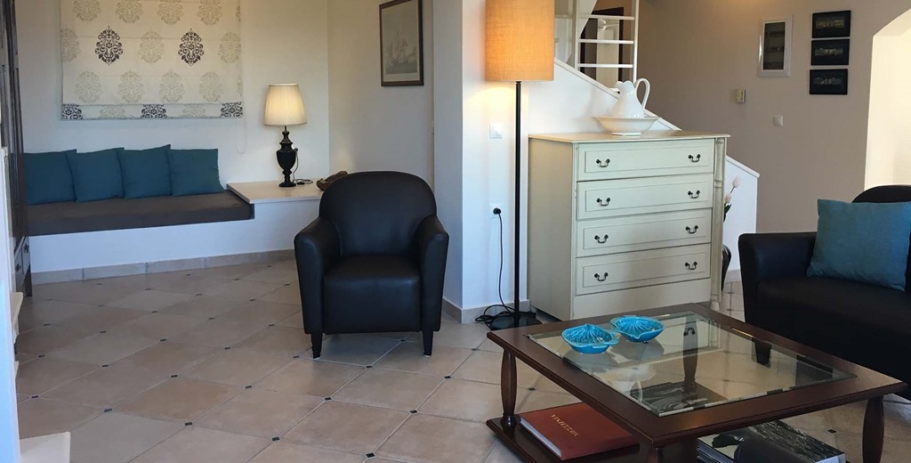 Living space across two floors inside Casa Angela, Melissani Apartments, Karavomilos, Kefalonia, Greek Islands