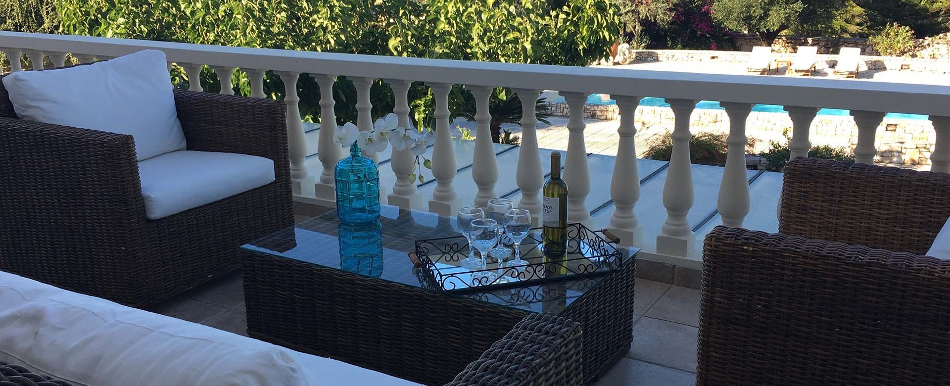 Comfortable private balcony seating outside Casa Angela, Melissani Apartments, Karavomilos, Kefalonia, Greek Islands