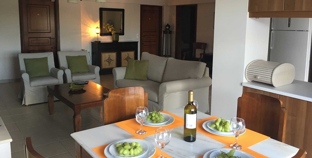 Lounge and dining space inside Casa Elena, Melissani Apartments, Karavomilos, Kefalonia, Greek Islands