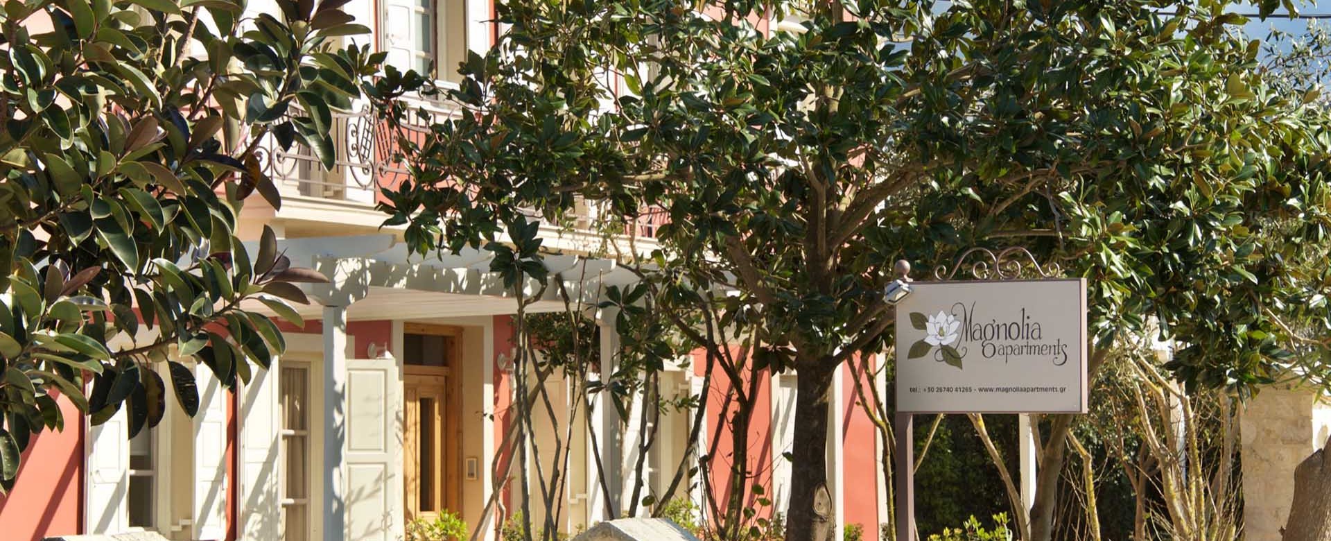 The roadside view of Magnolia Apartments, Fiscardo, Kefalonia, Greek Islands