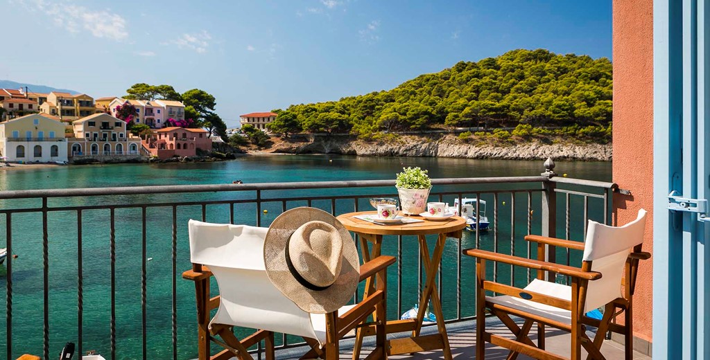 Take in the waterfront from the balcony at Thalassa House, Assos, Kefalonia, Greek Islands