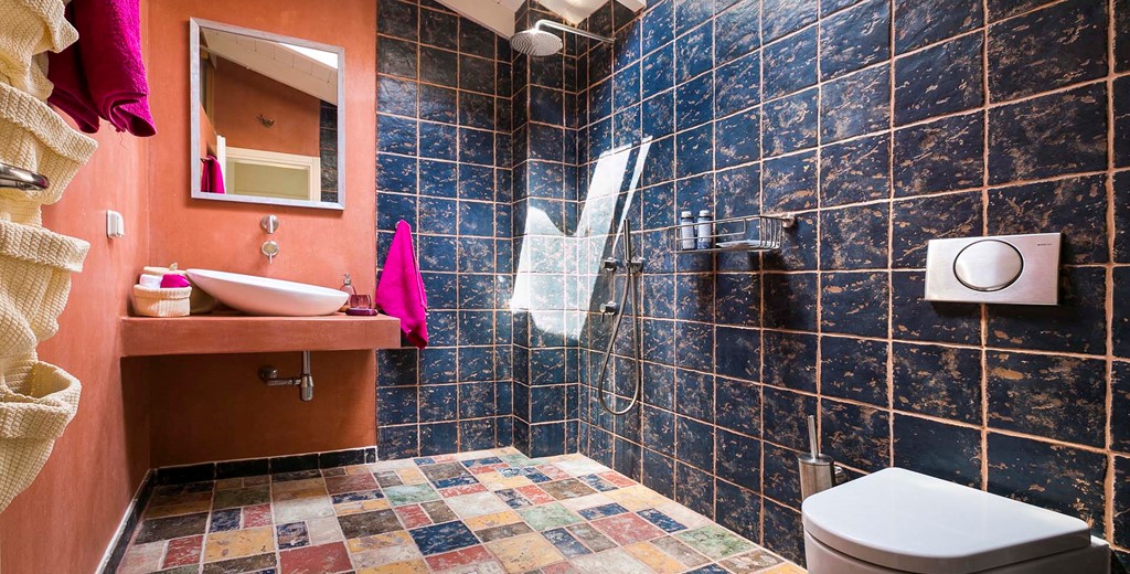 Wetroom bathroom with shower and modern basin inside Thalassa House, Assos, Kefalonia, Greek Islands