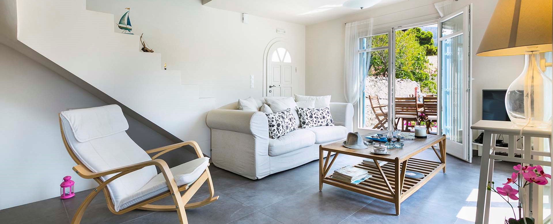 Clean modern open plan stling inside Thalassa House, Assos, Kefalonia, Greek Islands