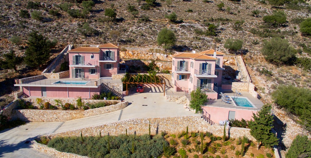 An aerial view of both Villa's in the complex at Agia Efimia, Kefalonia, Greek Islands