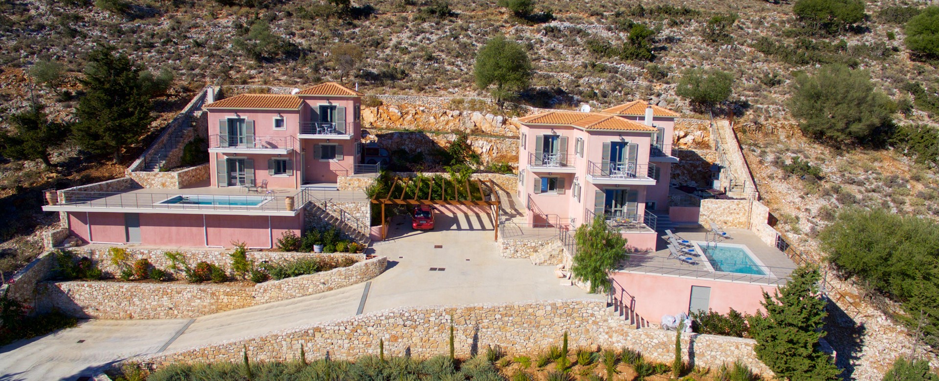 An aerial view of both Villa's in the complex at Agia Efimia, Kefalonia, Greek Islands