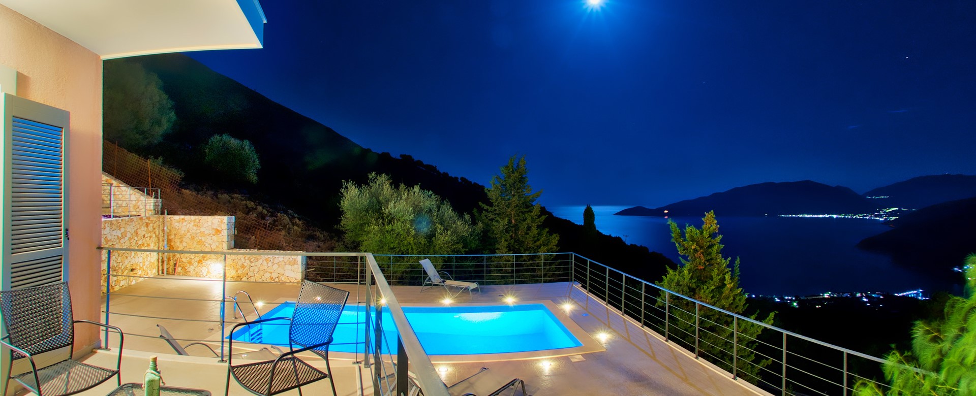 The moonlit view is just as spectacular from Villa Amore, Agia Efimia, Kefalonia, Greek Islands