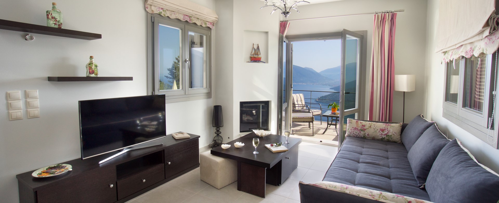 Comfortable interior lounge space inside Villa Amore, Agia Efimia, Kefalonia, Greek Islands