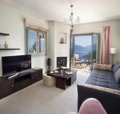 Comfortable interior lounge space inside Villa Amore, Agia Efimia, Kefalonia, Greek Islands