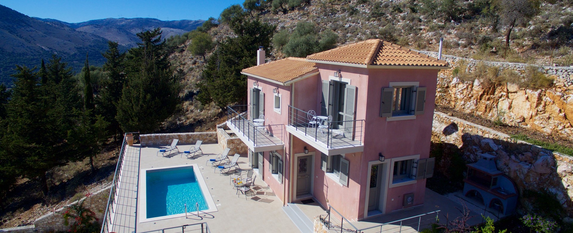 Aerial view showing the pool and  Villa Aurora, Agia Efimia, Kefalonia, Greek Islands