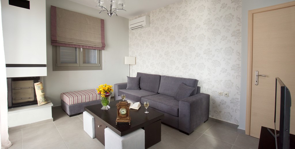 Clean open minmal lounge space inside Villa Aurora, Agia Efimia, Kefalonia, Greek Islands
