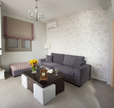 Clean open minmal lounge space inside Villa Aurora, Agia Efimia, Kefalonia, Greek Islands