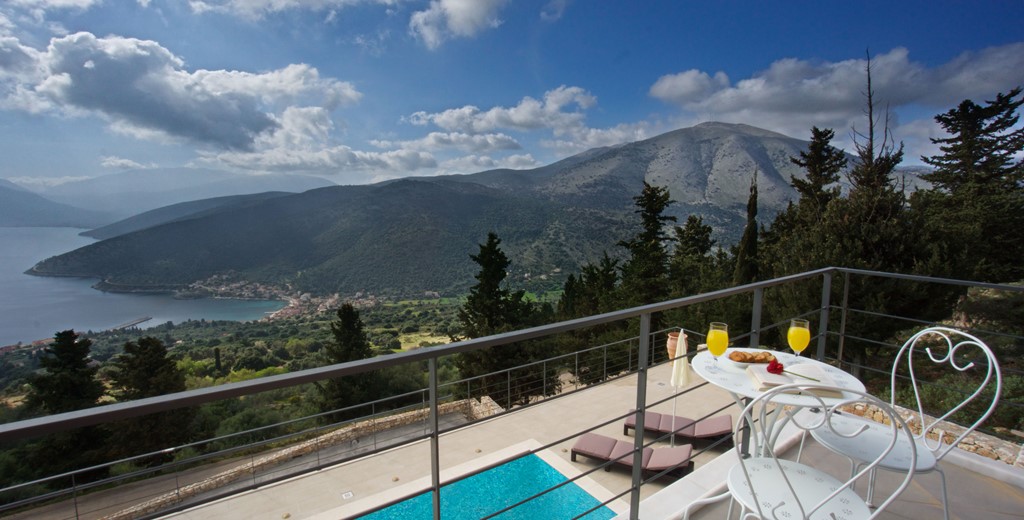 Enjoy the mountain and coastline views from the private balcony at Villa Aurora, Agia Efimia, Kefalonia, Greek Islands