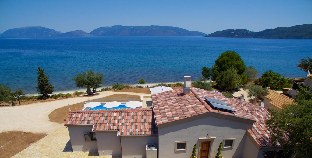 Aerial photo showing  Villa Frydi and just how close it is to the beach at Karavomilos, Kefalonia, Greek Islands