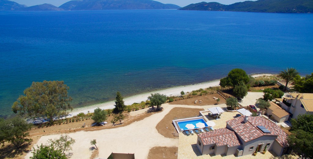 Aerial photo of the whole Villa Frydi and looking out to sea from Karavomilos, Kefalonia, Greek Islands