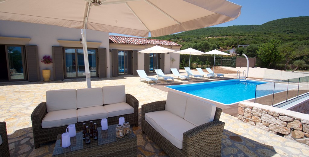 Escape the sun in comfort outside Villa Frydi, Karavomilos, Kefalonia, Greek Islands