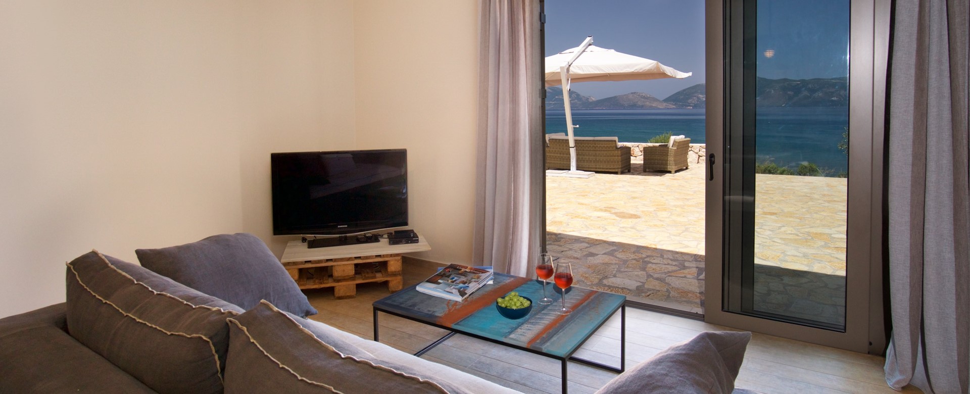 Sit in comfort inside but still enjoy the outside at Villa Frydi, Karavomilos, Kefalonia, Greek Islands