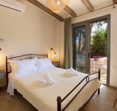 Double bedroom with access to the outside space in Villa Frydi, Karavomilos, Kefalonia, Greek Islands