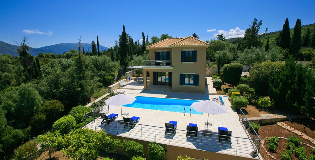 Aerial shot of sun terrace and pool at Villa Gaeta Fiscardo, Kefalonia, Greek Islands
