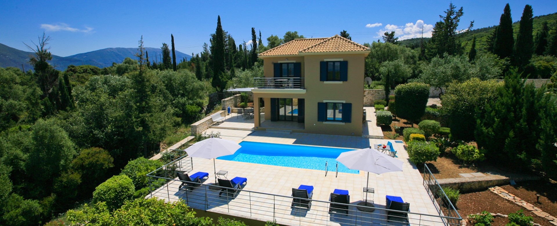 Aerial shot of sun terrace and pool at Villa Gaeta Fiscardo, Kefalonia, Greek Islands