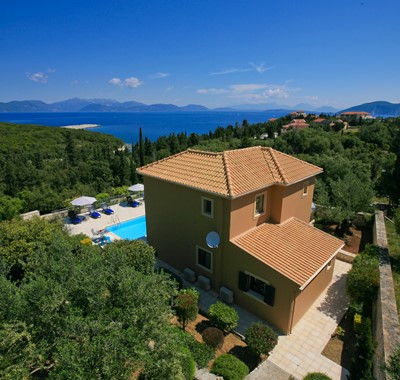 Aerial shot showing rear of property and surrounding greenery at Villa Gaeta Fiscardo, Kefalonia, Greek Islands