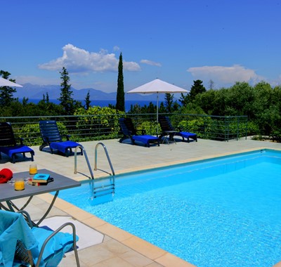 Relax poolside with umbrellas and loungers at Villa Gaeta Fiscardo, Kefalonia, Greek Islands