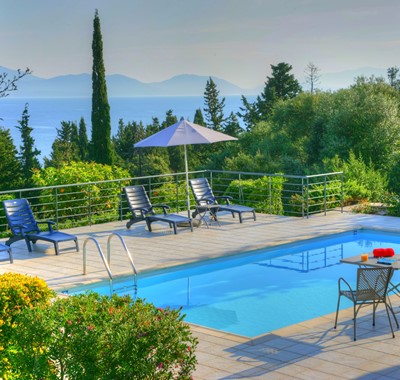 Beautiful view across pool towards the sea and mountains at Villa Gaeta Fiscardo, Kefalonia, Greek Islands