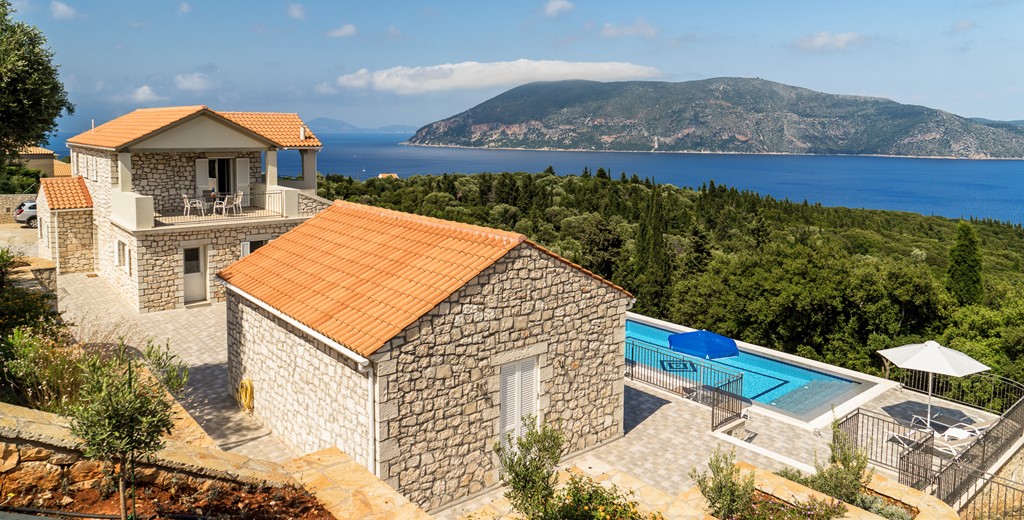 Aerial shot of breathtaking views from rear of villa at Villa Gionis Fiscardo, Kefalonia, Greek Islands