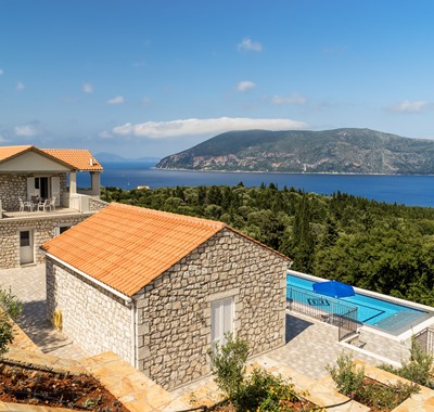 Aerial shot of breathtaking views from rear of villa at Villa Gionis Fiscardo, Kefalonia, Greek Islands