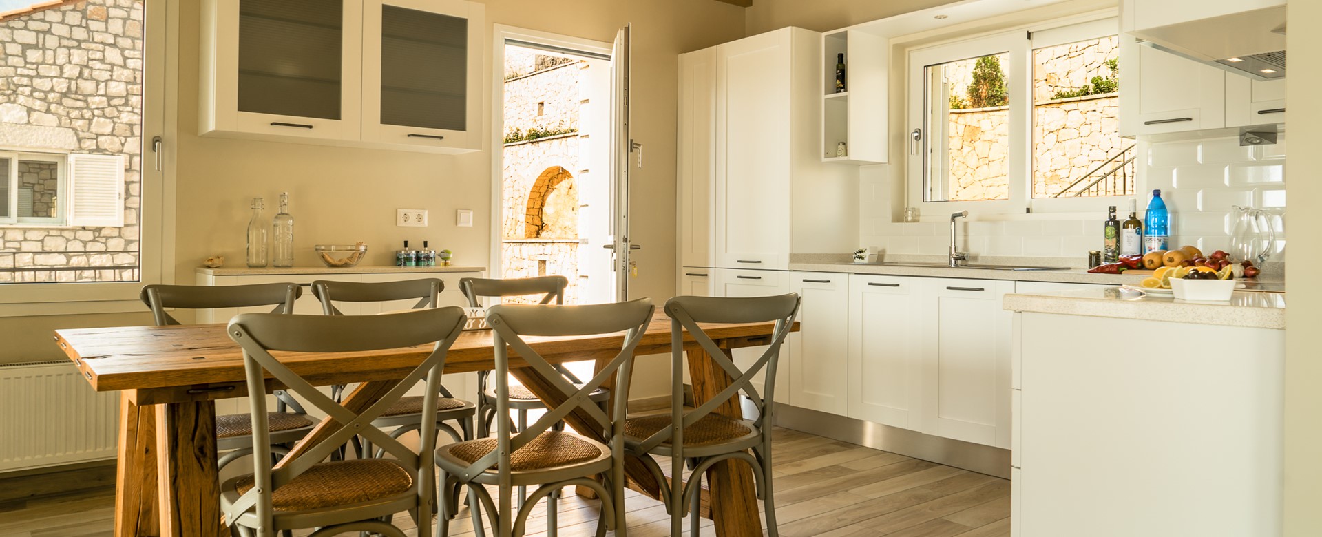 Modern, fully equipped kitchen diner at Villa Gionis Fiscardo, Kefalonia, Greek Islands