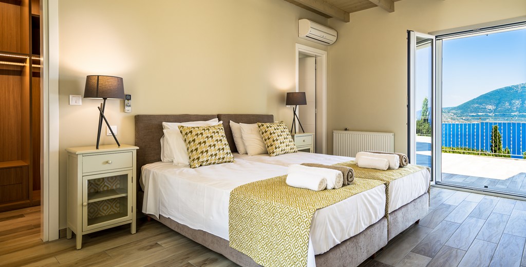 Luxurious double room with uninterrupted views across the bay at Villa Gionis Fiscardo, Kefalonia, Greek Islands
