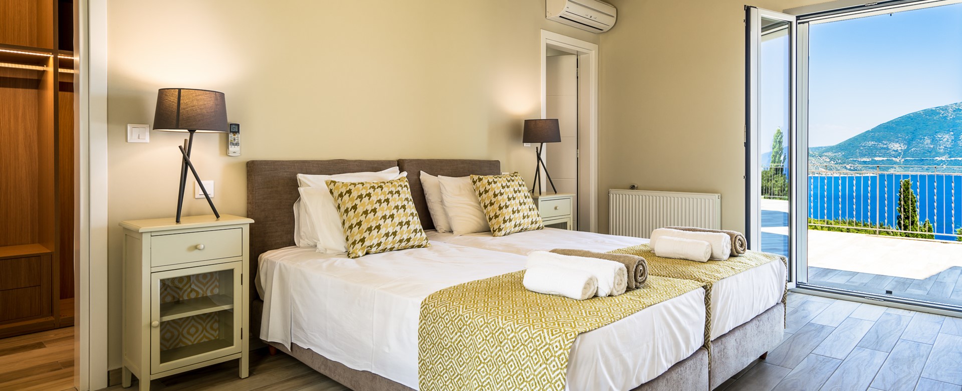 Luxurious double room with uninterrupted views across the bay at Villa Gionis Fiscardo, Kefalonia, Greek Islands