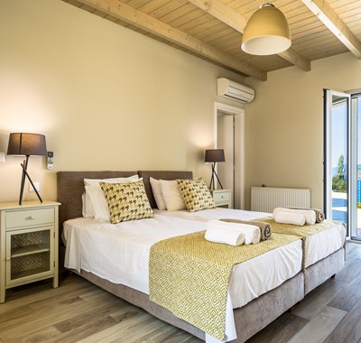 Luxurious double room with uninterrupted views across the bay at Villa Gionis Fiscardo, Kefalonia, Greek Islands