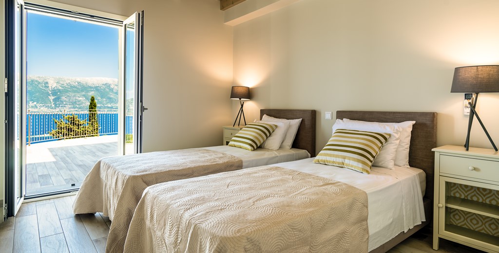 Luxury twin room with stunning views and terrace at Villa Gionis Fiscardo, Kefalonia, Greek Islands