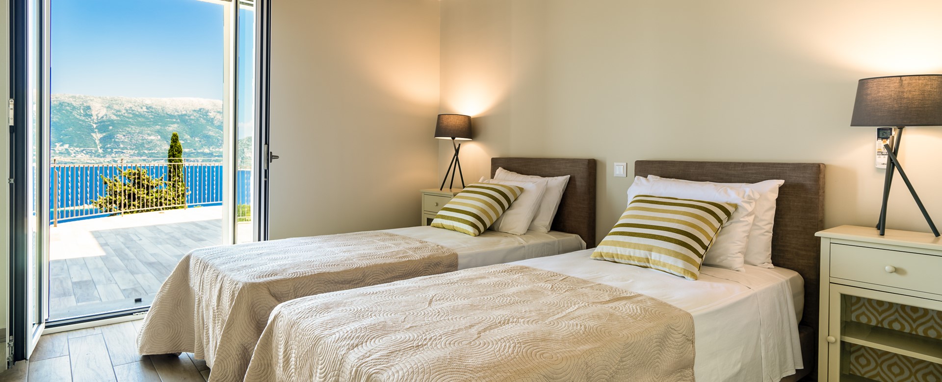 Luxury twin room with stunning views and terrace at Villa Gionis Fiscardo, Kefalonia, Greek Islands