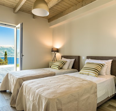 Luxury twin room with stunning views and terrace at Villa Gionis Fiscardo, Kefalonia, Greek Islands